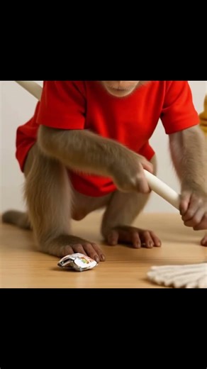 Smart Monkey Mopping Seriously… Silly Monkey Kicks Trash Onto His Feet! 🧹🗑️🐒 #shorts #viral