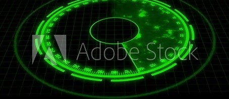 Green radar screen animation H U D interface digital signals seamless loop 4K. Animated futuristic radar display green neon blips scan detection system 4K UHD.