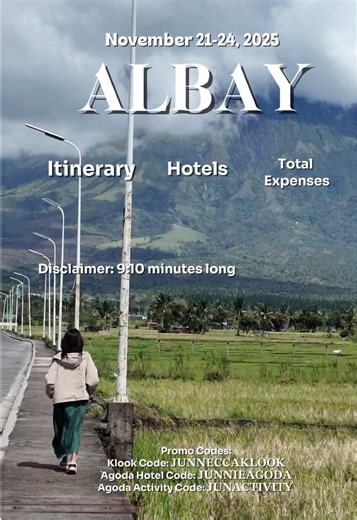 4D3N trip to Albay 🌋 If you're planning an Albay trip, I included our itinerary, hotels, travel expenses, and travel tips in the vlog Disclaimer: 9:10mins long so i hope you watch until the end 😅 Best Month to travel according to locals: April-May Quick Itinerary Nov. 21, 2025 * Travel from Bacolod to Bicol * Checked in at Your Brothers booked via Agoda. use Agoda Hotel Code: 𝐉𝐔𝐍𝐍𝐈𝐄𝐀𝐆𝐎𝐃𝐀 Nov. 22, 2025 * ATV ride via Black Lava Trail * Lunch * Cagsawa Ruins * Daraga Church * Farmplat