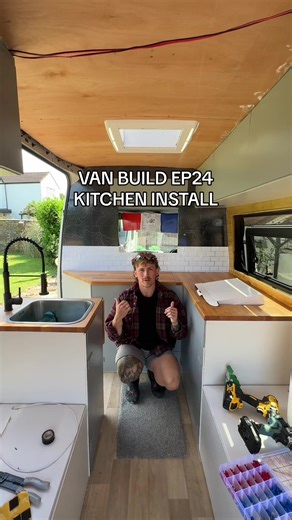 Replying to @Jasmine Hacker-Jones WORKTOP OF THE POPS 🕺🏽 Van Build Episode 24 - Fitting my kitchen area 🔨 Now the framing was done with my @kregjiguk took it was time to put all the doors and hinges together, I opted for 9mm for weight saving as this is what plywood I had to hand but on reflection a 12mm would of worked better due to screw lengths. 🚪 When painting all the kitchen area I did a 3 stage process; 1) Prep - Sand down and then clean before first coat 2) Undercoat - An undercoat is