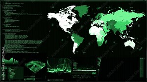 Futuristic digital interface screen. Streaming and flashing computer interface with map, satellite images and network status, levels and spectrum of signals, Extremely detailed. geopolitical situation