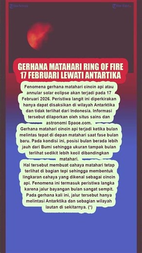 Gerhana Matahari Ring of Fire 17 Februari Lewati Antartika
