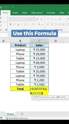Excel SUBTOTAL Trick | Sum Only Visible Data in Seconds #exceltricks #excelformulas