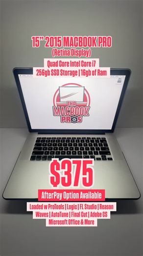 Tha Macbook Pros on Instagram: "🎁 HOLIDAY SALE🎁 ONLY $375! 💻 15” 2015 MacBook Pro (Retina Display) ⚙️ Quad Core Intel Core i7 💾 256GB SSD | 🧠 16GB RAM (May have some light surface scratches) 🎛️ Fully Loaded with: 🎬 Final Cut Pro X 🎧 ProTools 10 | FL Studio 20 | Logic Pro X 🎨 Adobe Creative Suite 🎹 Roland Cloud, Waves, Nexus & MORE ✅ Ready for music production, video editing & graphic design 📦 Includes black hardshell case, keyboard cover & charger 💰 NO TRADES | Payment: Cash, CashApp