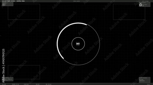 HUD interface animation shows control panel with circular data display and empty sections for further information in a dark setting