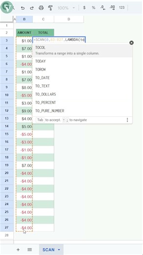 Create a running total using SCAN function