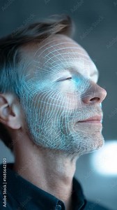 Sophisticated facial recognition system generating precise 3d wireframe model of businessman's face, mapping biometric data for advanced identification and security verification processes