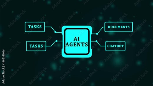 Technology digital interface generative ai machine learning automate task chatbot concept laptop screen showing ai agents workflow connection documents AI Agents glow office desk.4k motion video