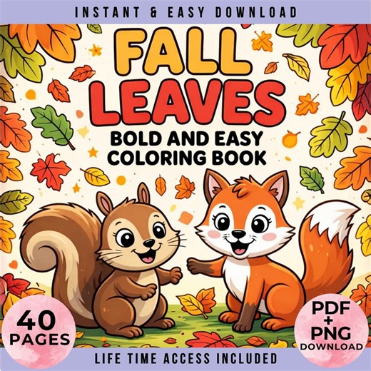 Comfy Fall Leaves Coloring Book | 40 Bold and Easy Pages | Kawaii Activity Book | Kids Coloring | Adults | Printable PDF   PNG Set | Book - Etsy