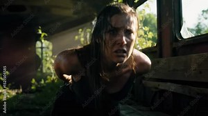 A woman struggles in an abandoned bus overgrown with vines, conveying a sense of urgency and survival amidst nature's reclaiming - females tied up