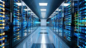 Modern data center hallway with numerous servers, blue-lit racks, and advanced technology for computing and storage solutions