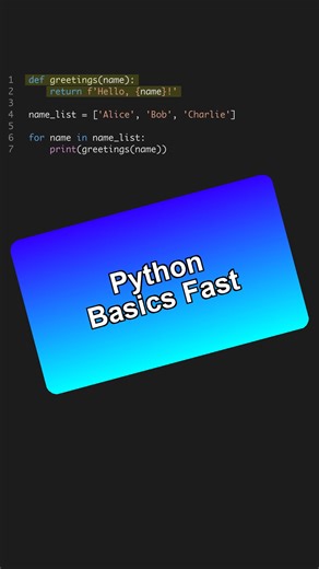 Master Python Basics in Minutes! 🚀 Learn how to use functions, lists, and loops for efficient coding. #PythonBasics #CodingForBeginners --- Get the Python for AI course 6 projects at the link in bio. 🐍