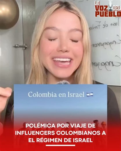 POLÉMICA POR VIAJE DE INFLUENCERS COLOMBIANOS A ISRAEL: LOS ACUSAN DE PARTICIPAR EN UNA CAMPAÑA DE “SOFT POWER” Una fuerte controversia se desató en redes sociales luego de que la creadora de contenido Laura Camila Vargas publicara un video en el que cuestiona a un grupo de influencers colombianos que viajaron recientemente a Israel, acusándolos de participar en una estrategia de comunicación internacional para “blanquear” el conflicto con Palestina. En el video, Vargas afirma que el viaje no fu