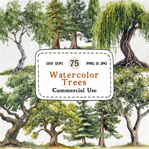 Trees - 75 Watercolor Clipart Set, Tree Illustrations for Crafts, Nature Graphics, Tree Clipart, 300 DPI, Digital Downloads, Commercial Use - Etsy