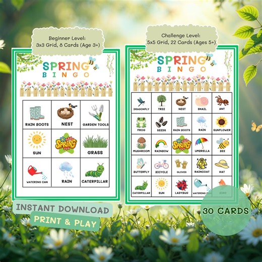 Spring Bingo Printable for Kids | 30 Unique Cards | 3x3 & 5x5 Bingo Game | Preschool Activity | Easter Party Game | Instant Download