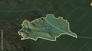 Wien - state of Austria with its capital zoomed on the physical map of the globe. Animation 3D