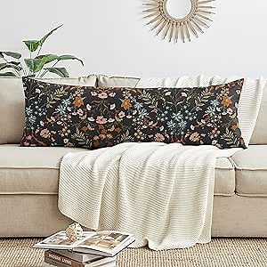 Boho Bohemian Farmhouse Black Orange Wildflower Garden Floral Accent Decorative Couch Long Lumbar Throw Zipper Body Pillow Cover Case 54x20 Botanical Flower Vintage Print Bedroom Living Room Decor