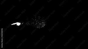 3D stream of particles on left bursts out and pulsates. Graphical representation of physical phenomena. Training and demonstration video on dark background with Alpha Channel. 3d animation