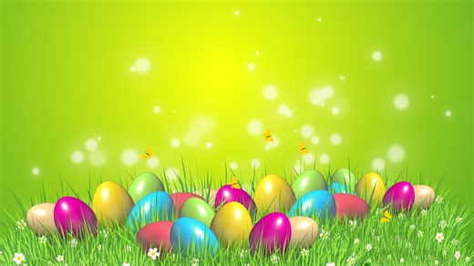 Green grass with Easter colored eggs. Animated background with blurred bokeh and butterflies. Screensaver with empty space for text. Loop video. | Premium Stock Video Footage