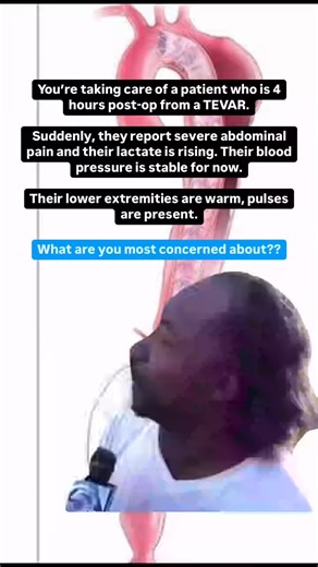 When caring for a patient 4 hours post-op from a TEVAR (Thoracic Endovascular Aortic Repair), the most pressing concerns center around early detection of life-threatening complications and maintaining end-organ perfusion. What are you most concerned about? Drop your answer in the comments, we would love to hear it Thank you for sharing @nursedosepodcast Follow @teachrn.official for more! #nurse #nurseexperience #icu #nursesrock #icunurse #criticalcarenurse | TeachRN