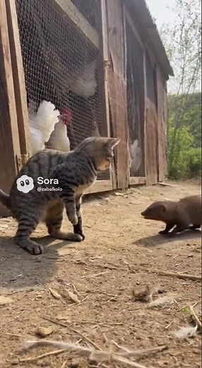 4k Cat attacks a mongoose want to eat chickens !