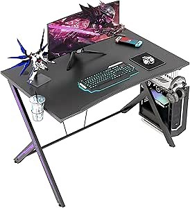 45.2" Large Gaming Desk, Gamer Computer Desk with Headphone Hook and Cup Holder, Home Office PC Workstation for E-Sports Use, Free XL Mouse Pad, Black&Purple, GX-PS