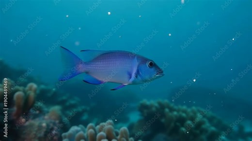 Blue chromis fish swimming gracefully above coral reef in tropical ocean environment underwater marine life shot