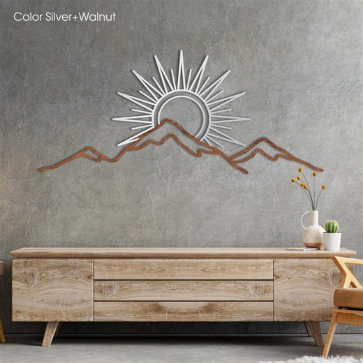 Nature Wall Art With Mountains and Sun – Wooden Wall Hanging for Living Room - Etsy