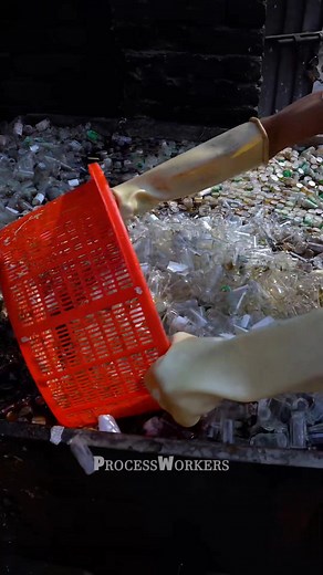 The satisfying process of reusing mini injection glass bottles #injection #glass #bottles #manufacturing #recycling #factorytoure #industry #satisfying #industrial #behindthescenes | Process workers