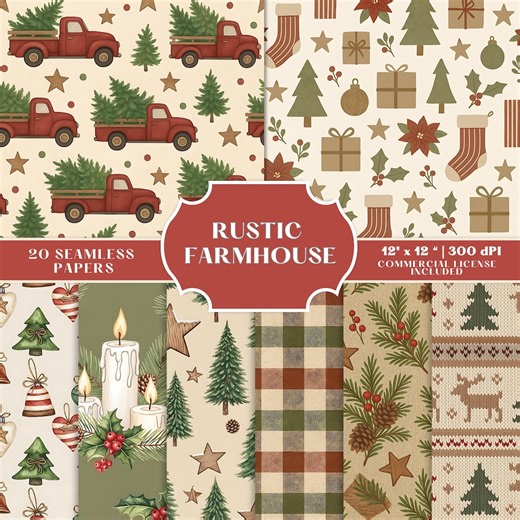 Rustic Christmas Seamless Digital Paper Bundle,modern Farmhouse Holiday Pattern Backgrounds, Commercial Use - Etsy