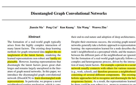【ICML2019论文】解耦图卷积网络 Disentangled Graph Convolutional Networks