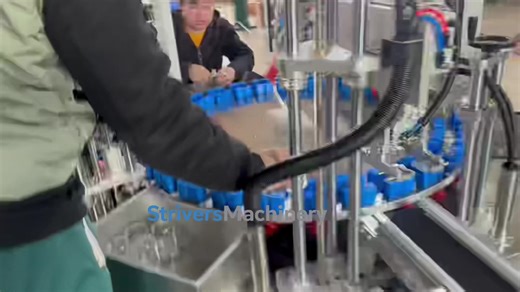 Watch this rotary double-head perfume filling and capping machine in test operation. It includes air bottle cleaning, precision dual filling, suck-back level control, and two-stage capping. Three manual stations can be upgraded to automatic feeding later, making it ideal for growing perfume production lines. #StriversMachinery #PerfumeMachine #FillingLine #CosmeticEquipment