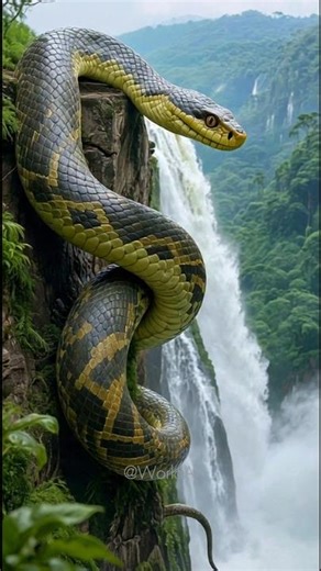 The biggest python on the Amazon mountain with a beautiful waterfall view #python #biggestsnake #fyp