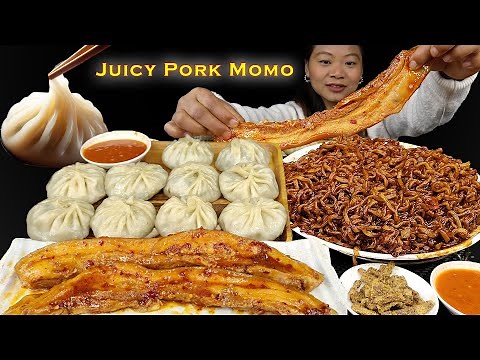 Eating Big Juicy Pork MOMO, Braised Pork Belly & Spicy Blackbean Noodles, Nepali Eating Show