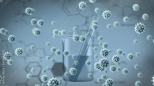 Animation of covid 19 cells over chemical compound structures and test tube in beaker