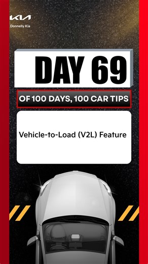 DAY 69: Vehicle-to-Load (V2L) Feature Vehicle-to-Load turns your EV into a portable power source. You can run tools, charge appliances, or even top up another EV. It is incredibly handy for camping, tailgating, or unexpected outages. #V2L #ElectricVehicle #EVFeatures #CarTips #DonnellyKia #OttawaCars #DailyCarTips #KiaEV6 #EVLife | Donnelly Kia | Facebook