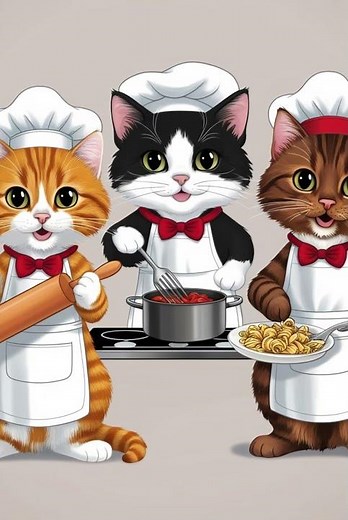 Three cats with adorable, cartoon like appearances