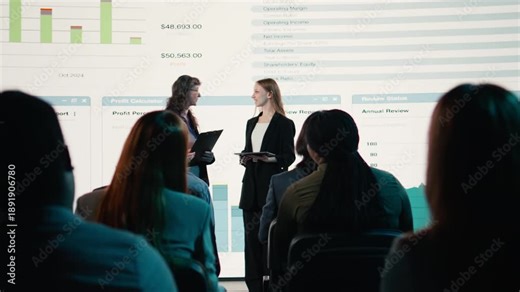 Aged woman and young adult hosting professional business summit with diverse audience group, using microphone on stage and discussing corporate networking matters. Leadership. Camera A.