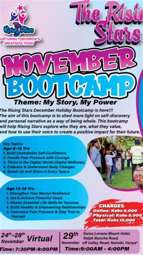 ✅ Every young person walks through moments where fitting in feels easier than standing out. But true strength begins when they choose to stay grounded in who they are. ✅ At The Rising Stars Bootcamp, we help them discover that their voice holds power, greater than the noise around them. Through honest conversations, mentorship, and real-life empowerment activities, they learn how to make choices that reflect their values and vision. ✅ This November, let your child uncover the courage to write th