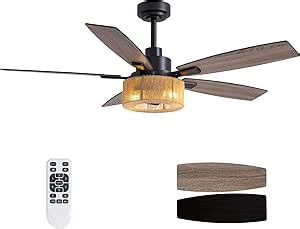 52 Inch Boho Black Hemp Ceiling Fans with Lights and Remote Control, Farmhouse Caged Rattan Ceiling Fan for Dining Room, Bedroom, Living Room and Patio, Indoor/Outdoor