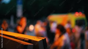 Emergency response with a blurred crowd in slow motion, depicting a chaotic scene of urgency and safety