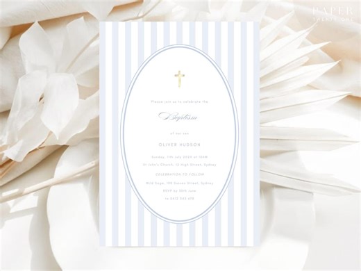 Baptism Invitation Boy | Classic Blue and White Stripe Christening Invite | Simple Minimalist Gold | Boys Baby Blessing | Printable Template - Etsy Australia