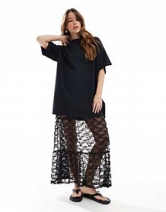 ASOS DESIGN 2 in 1 t-shirt midi dress with tiered lace skirt in black | ASOS