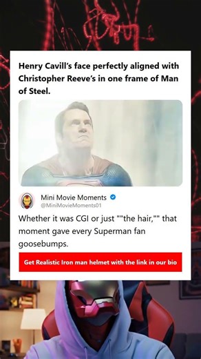 Henry Cavills face perfectly aligned with Christopher Reeves in one frame of Man of Steel