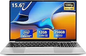 VGKE 15.6" Laptop Computer, Full HD 1920 * 1080p Laptop with Backlit Keyboard, Intel Celeron Quad-Core J4125 Processor, 12GB DDR4 RAM 256GB SSD, Fingerprint Reader, Type-C, Webcam, Silver