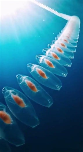 Sea Salp Swarm Scene Description A chain of transparent sea salps floating in the open ocean Cin