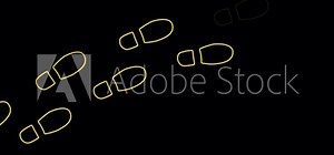 Human footprint 4K video. Yellow trace of foot prints of person in boots. Walk loop animation, graphic motion. Step by step footage animation, video on black background.