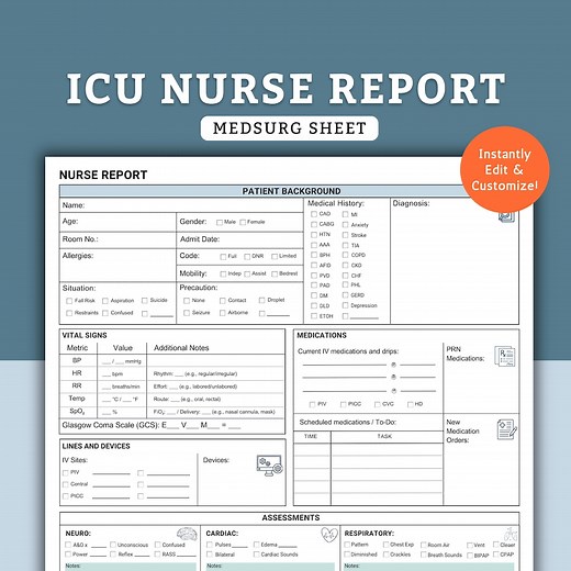 Editable Nursing Report Sheet, ICU Nurse Report Sheet, Nurse Brain, ICU Report Sheet, Medsurg Report Sheet, Nursing Flow Sheet, NCLEX Notes - Etsy
