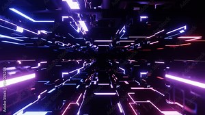 Fly through technology cyberspace with neon glow. Sci-fi flight through hi-tech technology tunnel. Hologram and neon light. 3d looped seamless 4k bright background. Data flow