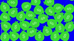 2d financial animation with falling money bags on blue chroma key background